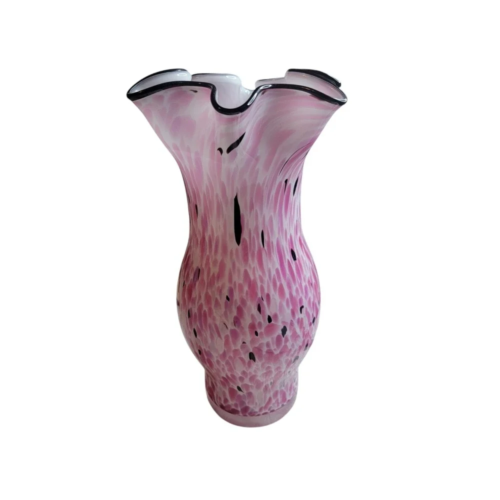 Hand Blown Art Glass Vase Pink Speckled Black White Ruffled Floral Studio Decor